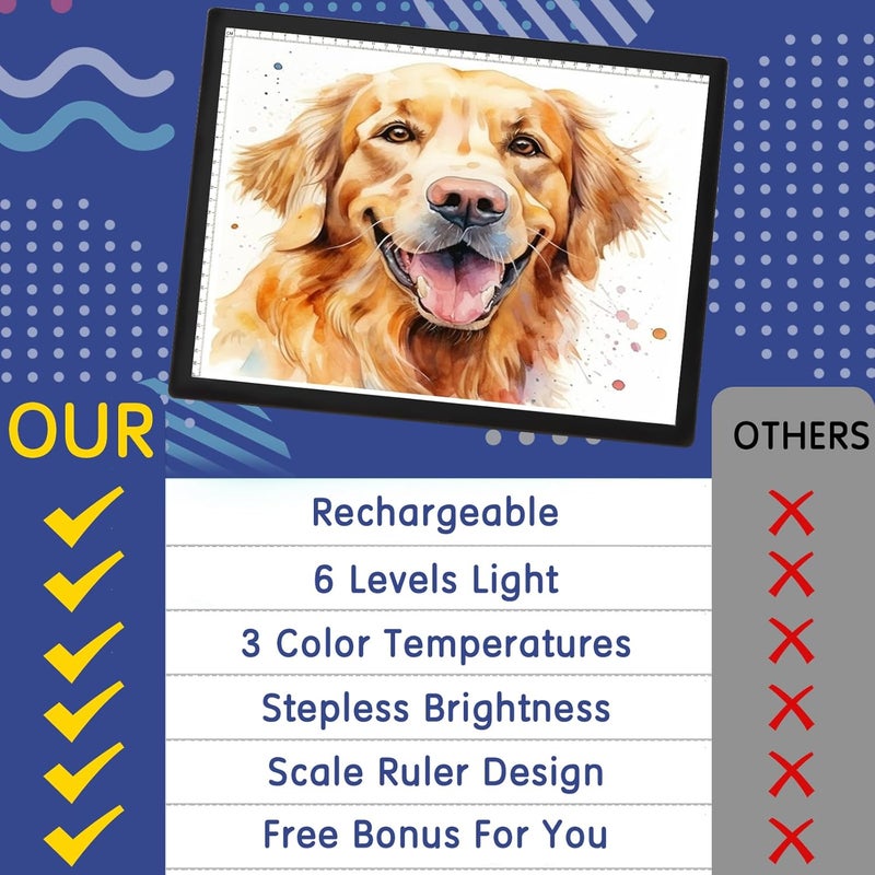 KEIWRLIGHT Rechargeable A3 Light Table - Wireless Battery Light Box for Tracing 3 Colors 6 Levels Brightness Stepless Light Board, A3 Light Pad for Diamond Painting Tatto Drawing Artists Kids Adults - Image 5